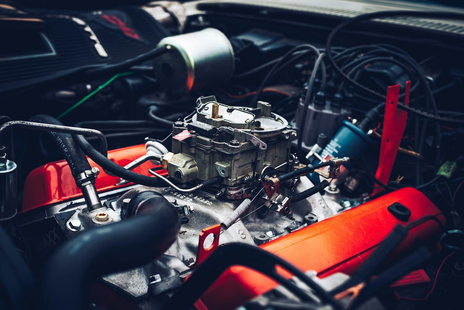 Close-up of a car engine bay with the bonnet open