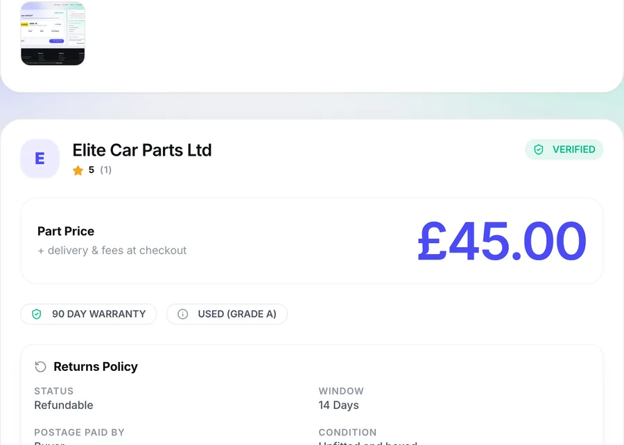 A vendor quote showing the price, warranty, condition and returns policy
